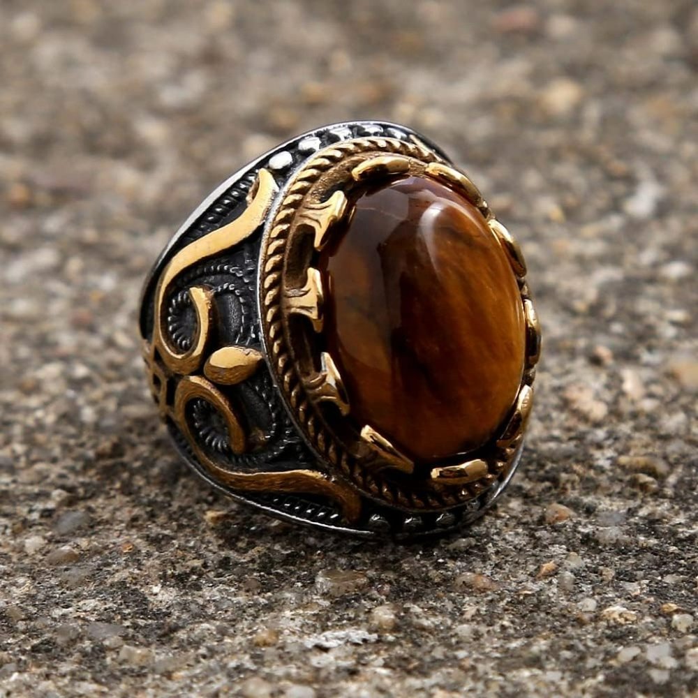 Men's Retro Oval Tiger's Eye King Crown Two-Tone Turkish Ring